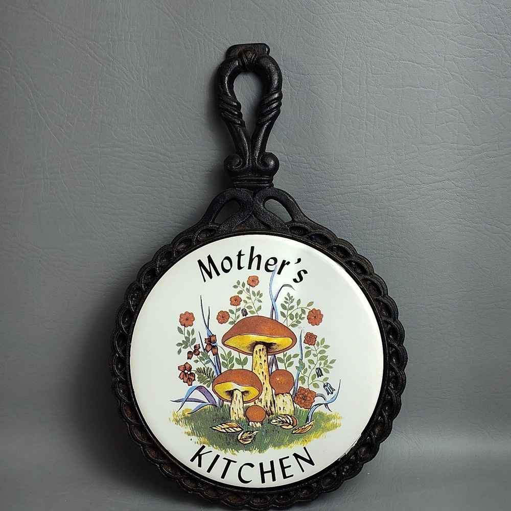 Vintage "Mother's Kitchen" Mushroom Wall Hanging Trivet Cast Iron Ceramic MCM